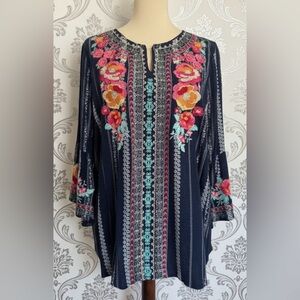 Savanna Jane Blue Boho Tunic Floral Embroidery Bell Sleeves Blouse Size 2X